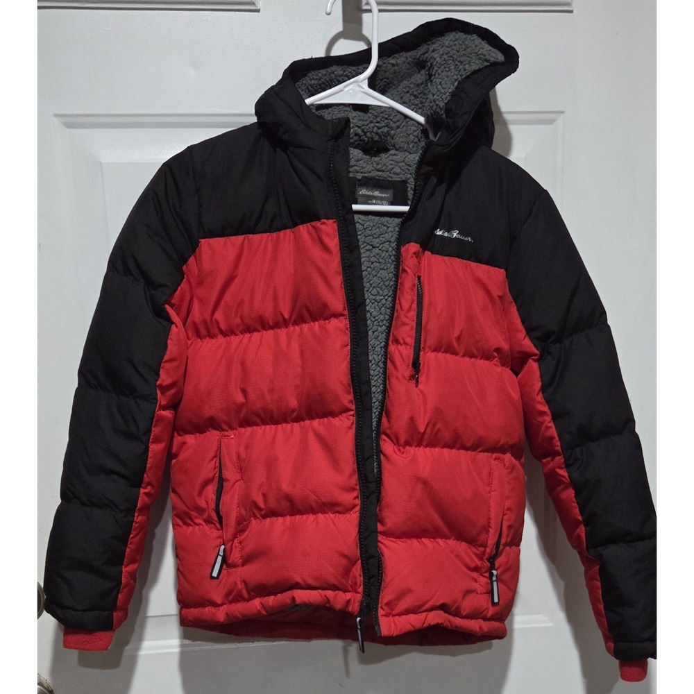 Eddie Bauer Black & Red Colorblock Sherpa Lined Hooded Coat Kids M (10/12)